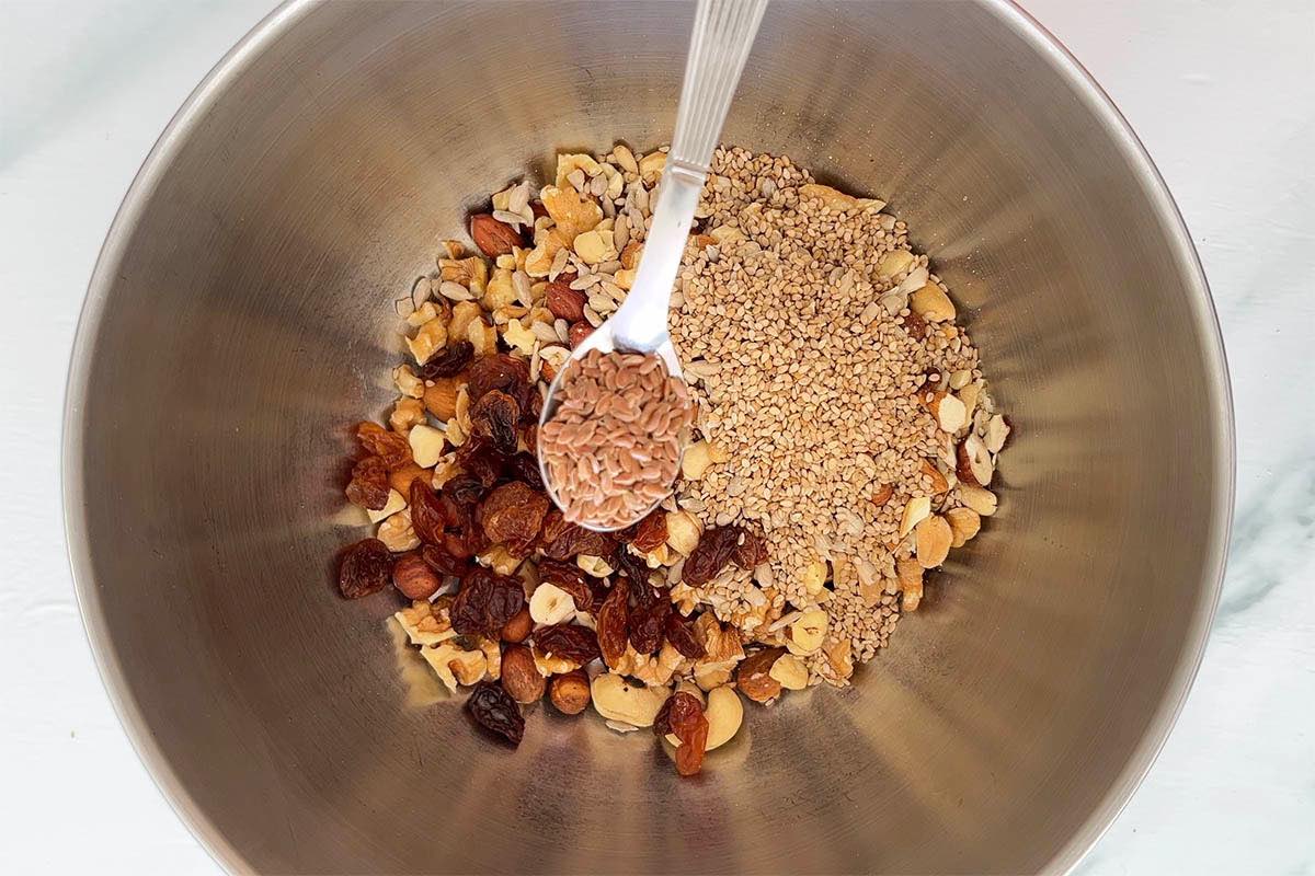 nuts and seeds in a mixing bowl.