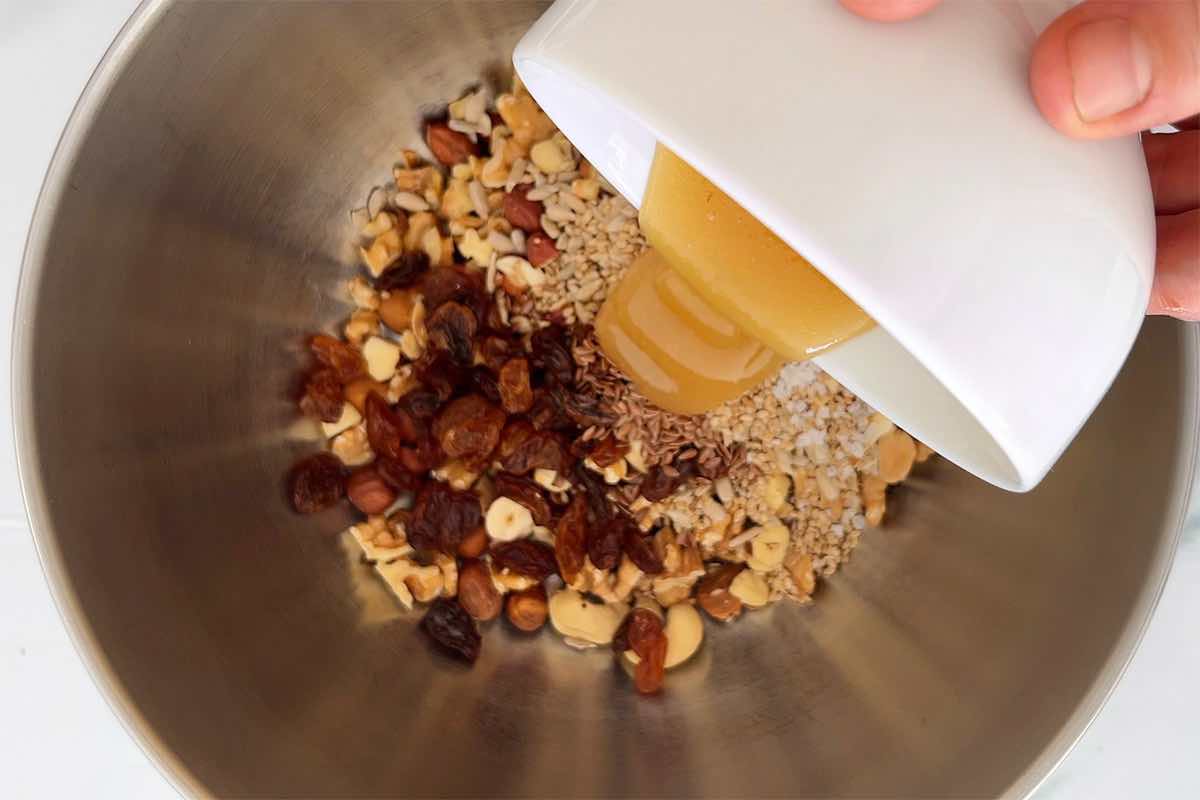 adding keto maple syrup to dry ingredients.