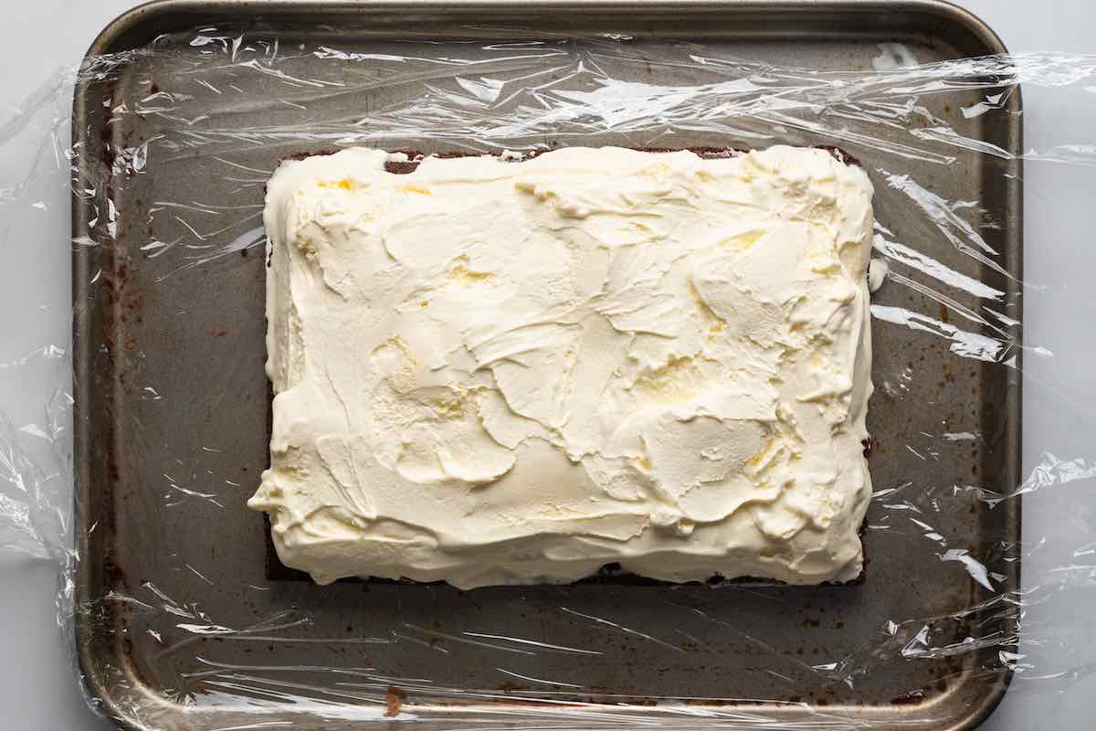 keto ice cream spread on top of brownies.