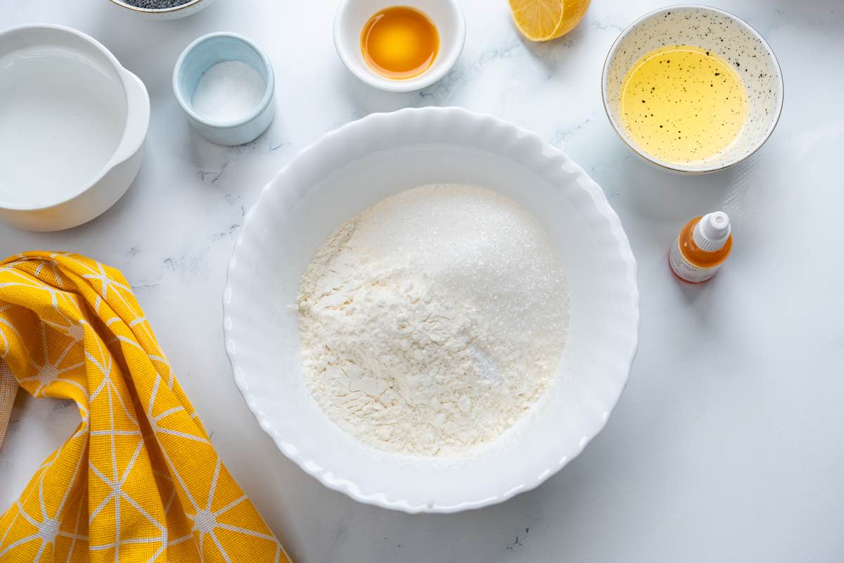 flour, sugar, and baking soda in a bowl.