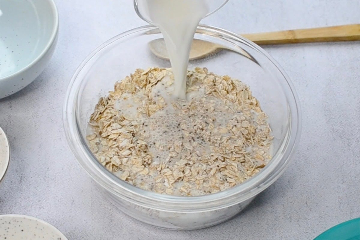 oats, milk, chia seeds, and salt in a bowl.