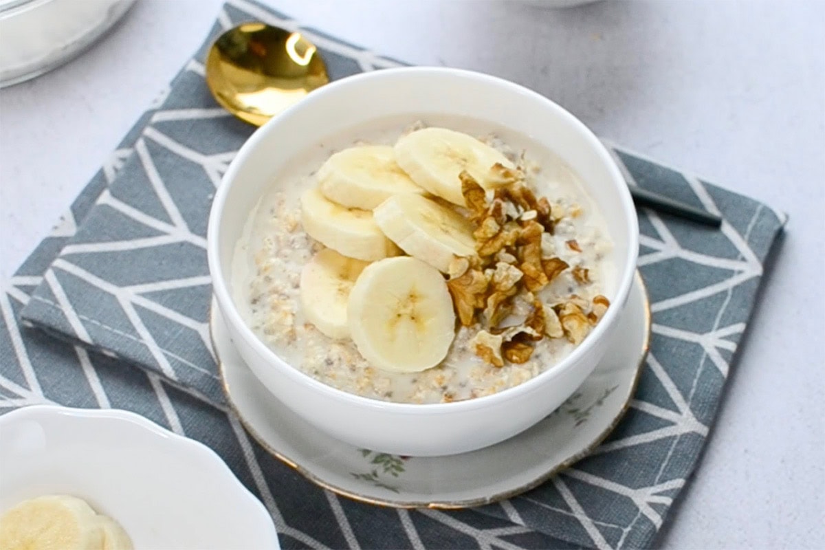 overnight protein oats with banana and walnuts.