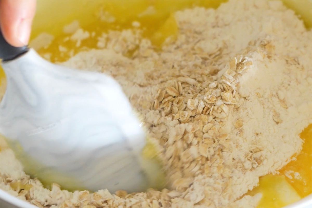 oats, butter, sugar, and flour in a bowl.