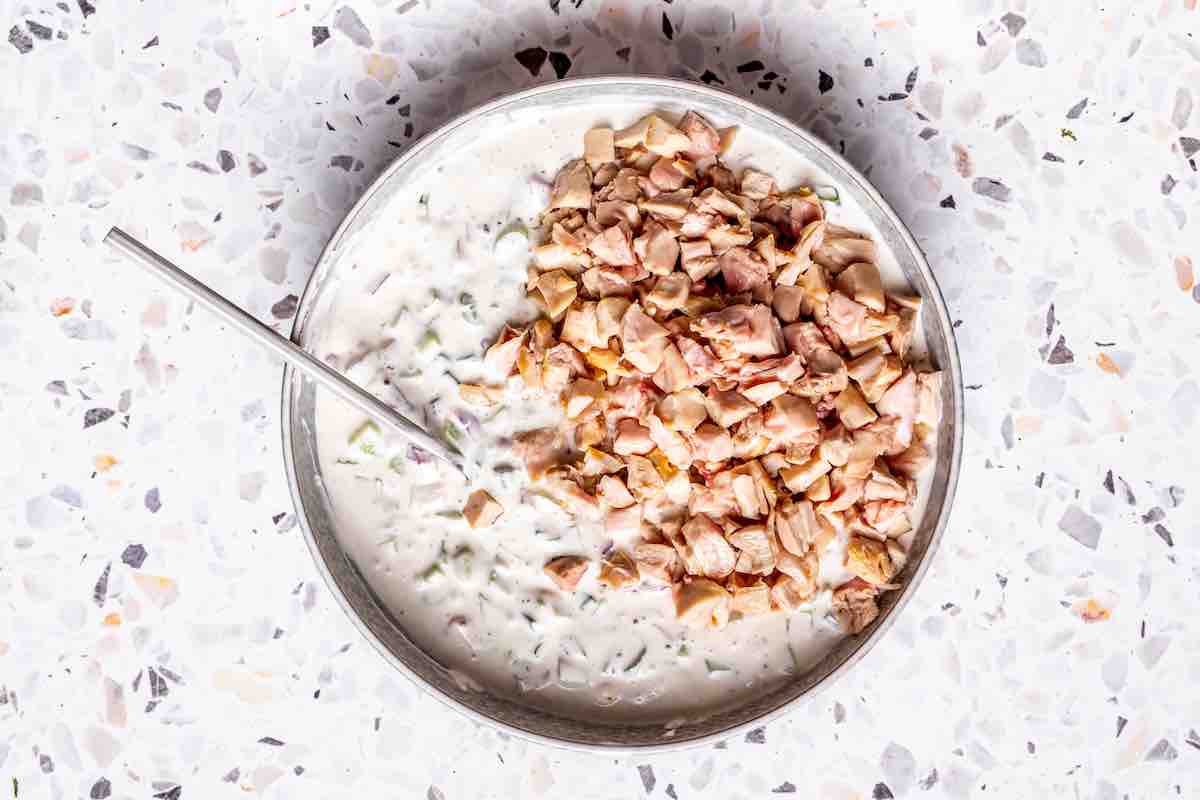 rotisserie chicken mixed through creamy dressing.