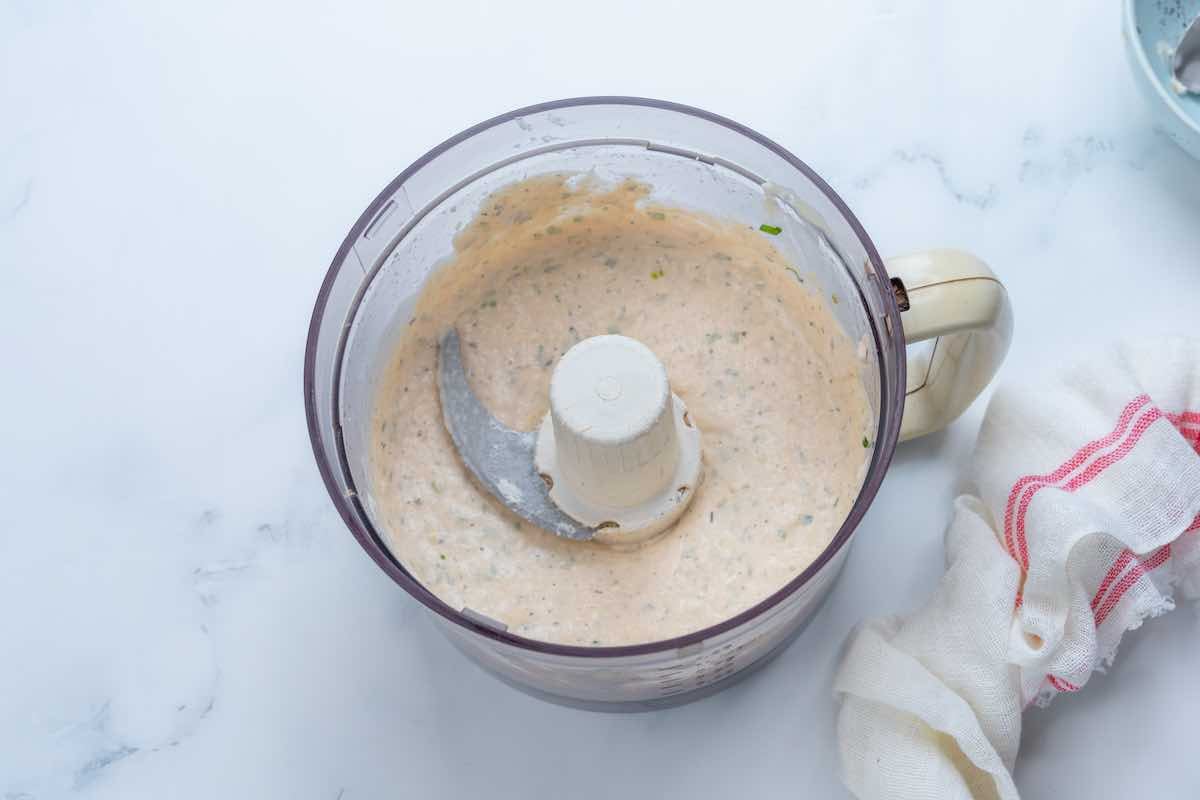 blended salmon dip in a food processor.