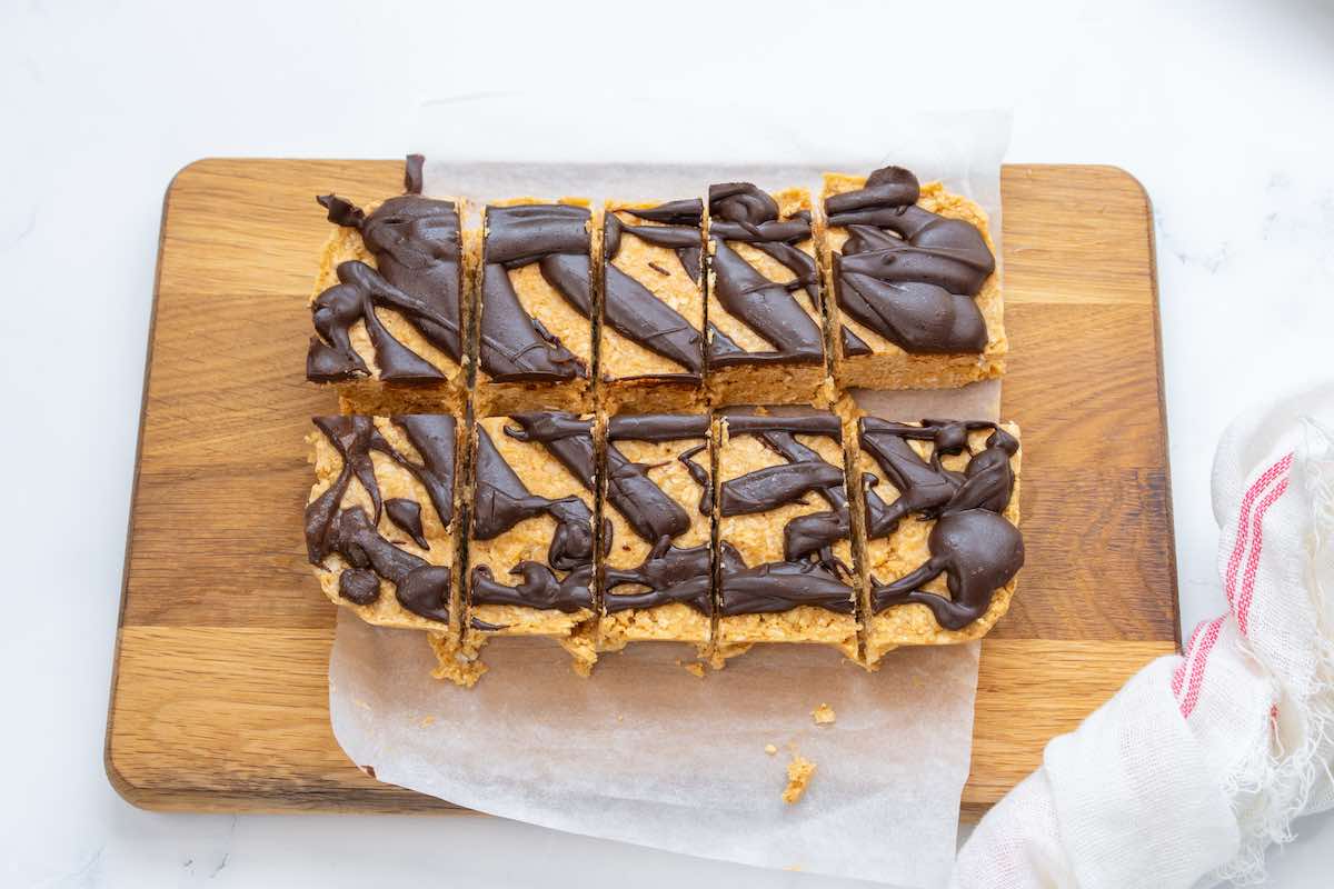 sliced vegan protein bars on a chopping board.