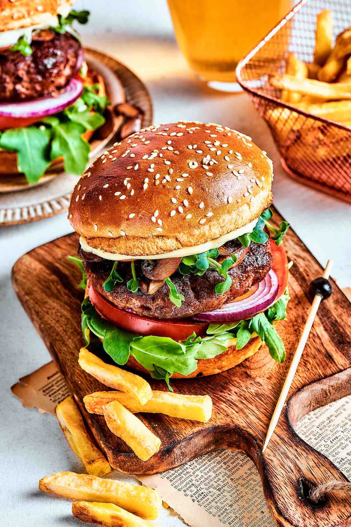 wagyu beef burgers with French fries.