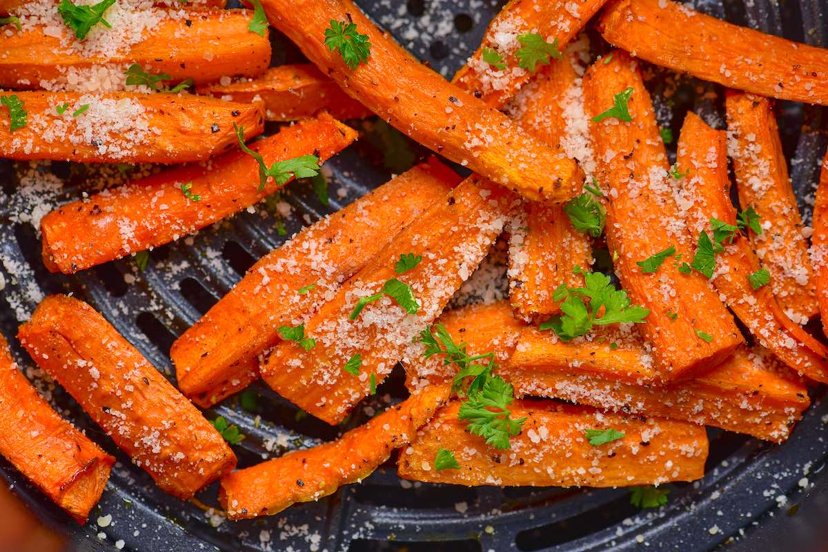 air fryer carrots with parmesan and parsley.