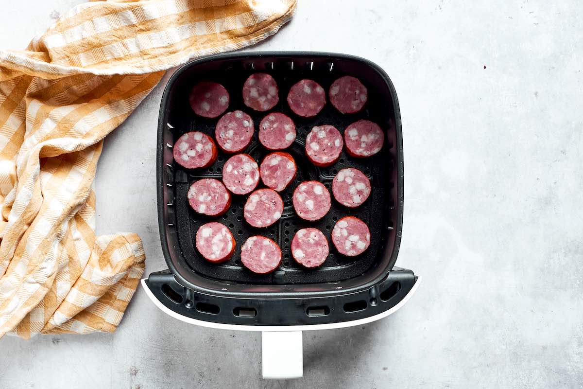 sliced kielbasa in the air fryer.