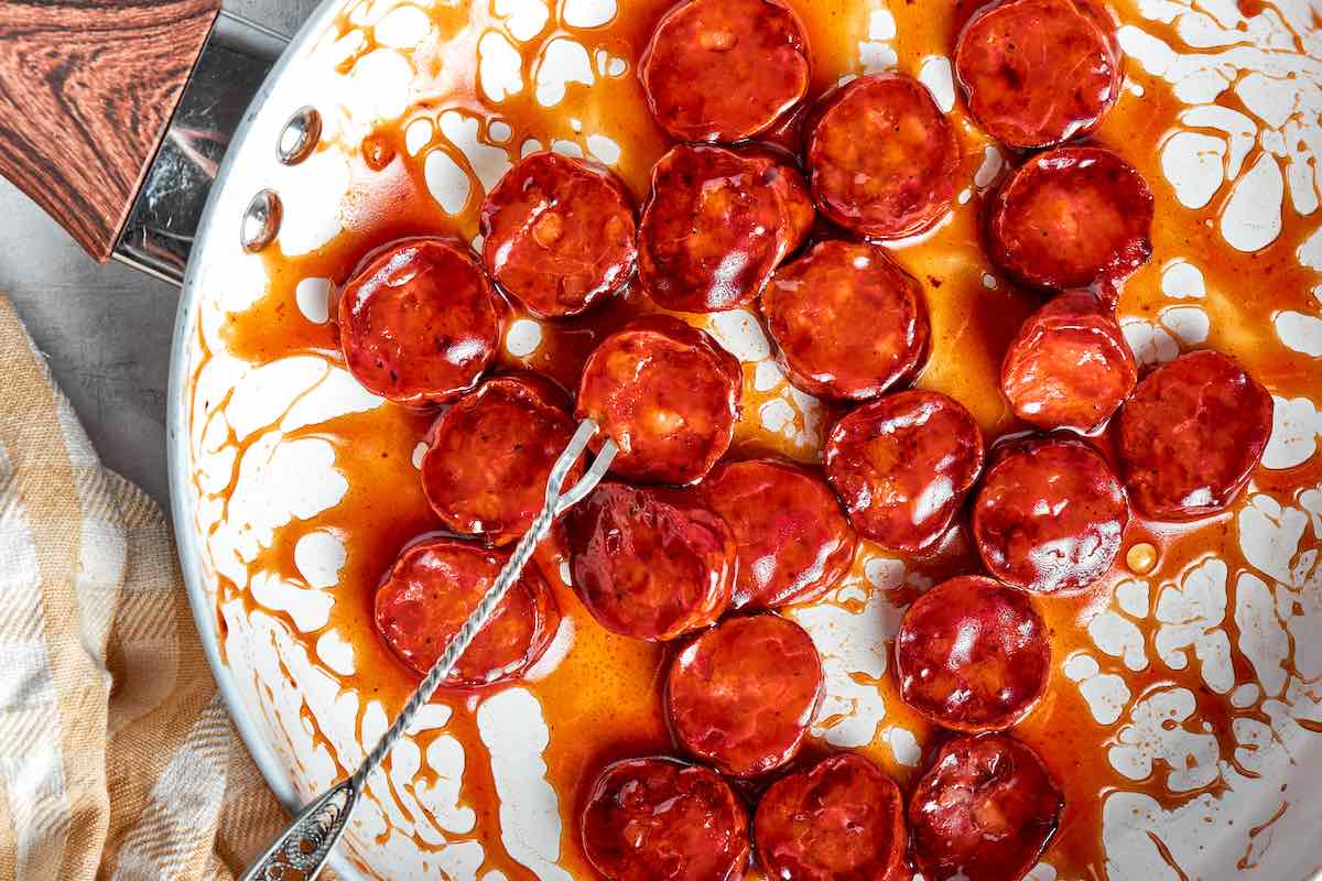 air fried kielbasa tossed through a spicy sauce.