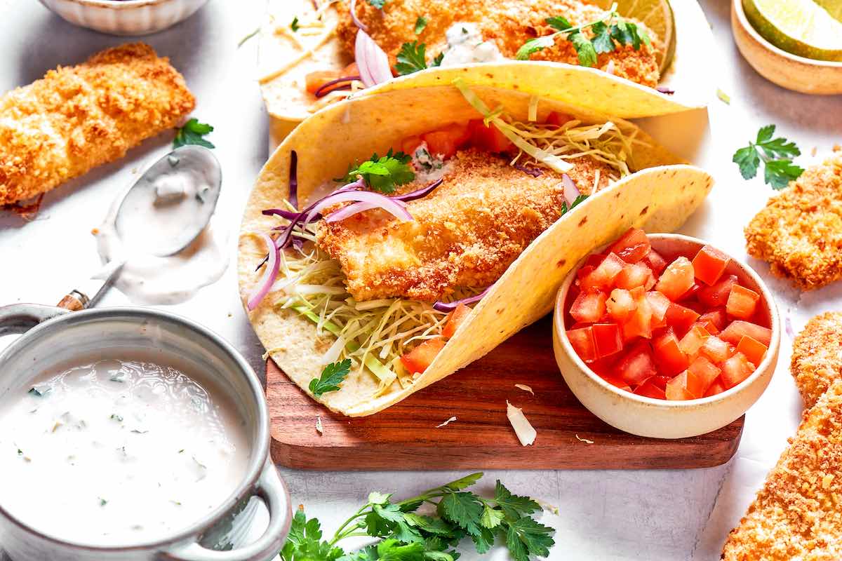 assembled air fried fish tacos.