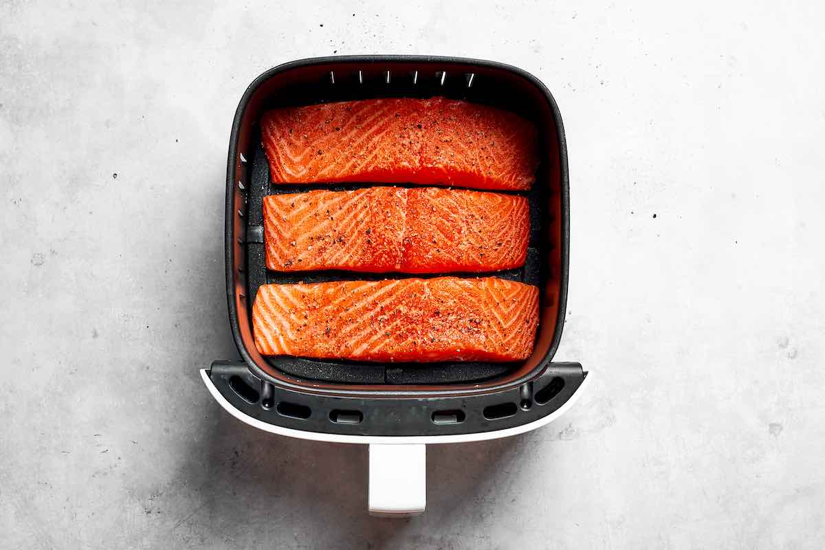 seasoned raw frozen salmon in the air fryer.