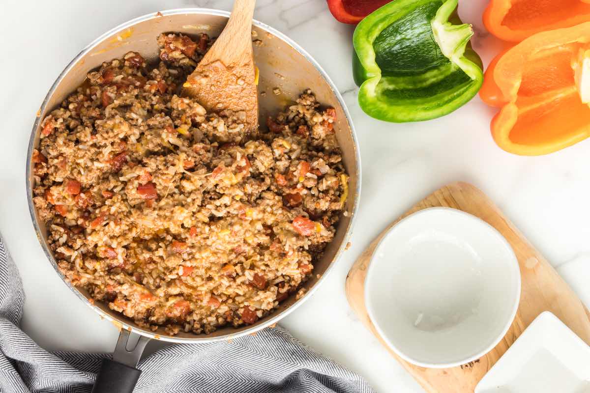 stuffed pepper filling with cheese and rice.