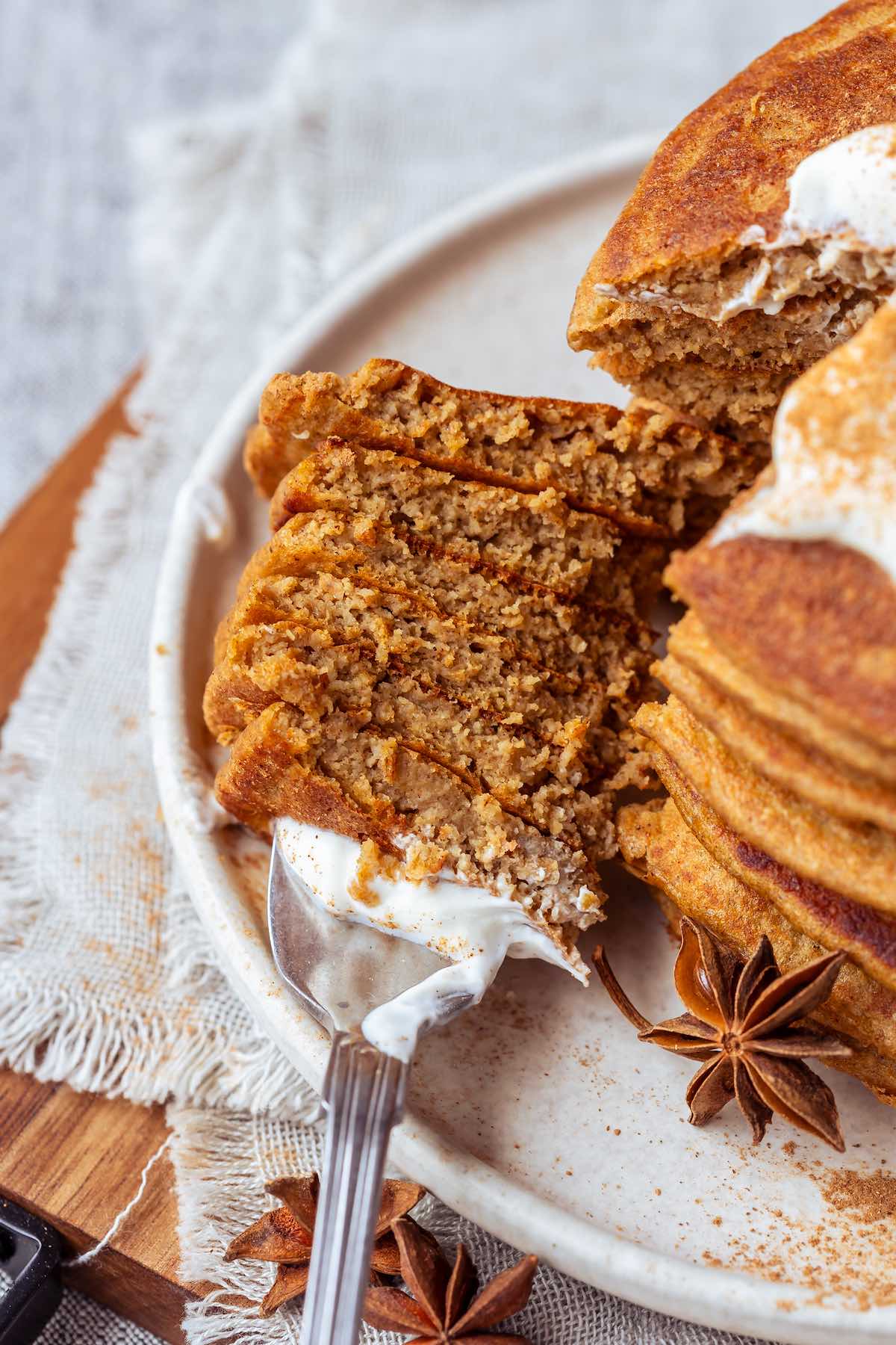 stack of pumpkin protein pancakes.