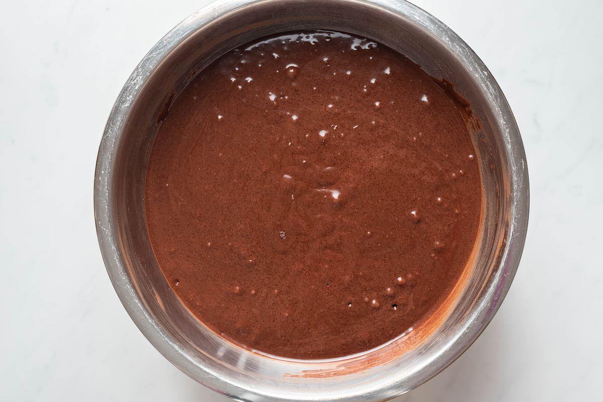 cake batter in mixing bowl.