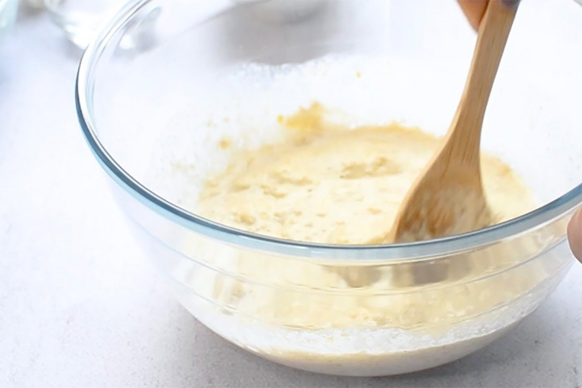 almond flour pancake batter in mixing bowl.
