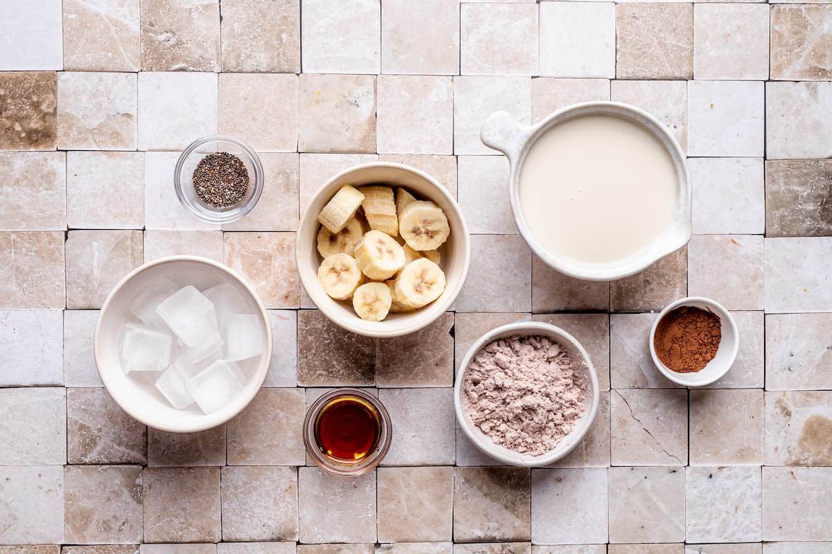 ingredients for chocolate protein shakes.