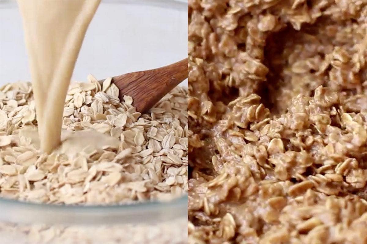 cinnamon roll baked oatmeal mixture in mixing bowl.