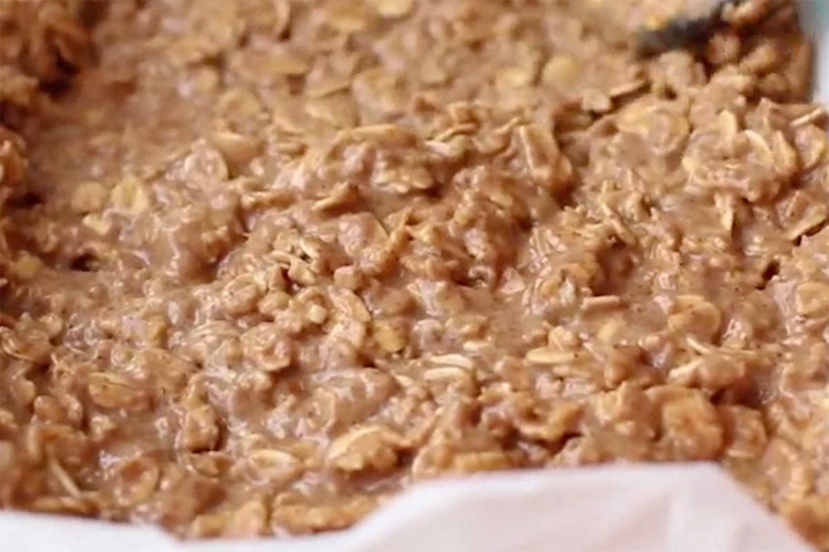 baked oatmeal mixture in baking dish.