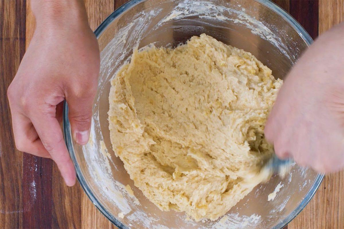 banana bread batter in a bowl.