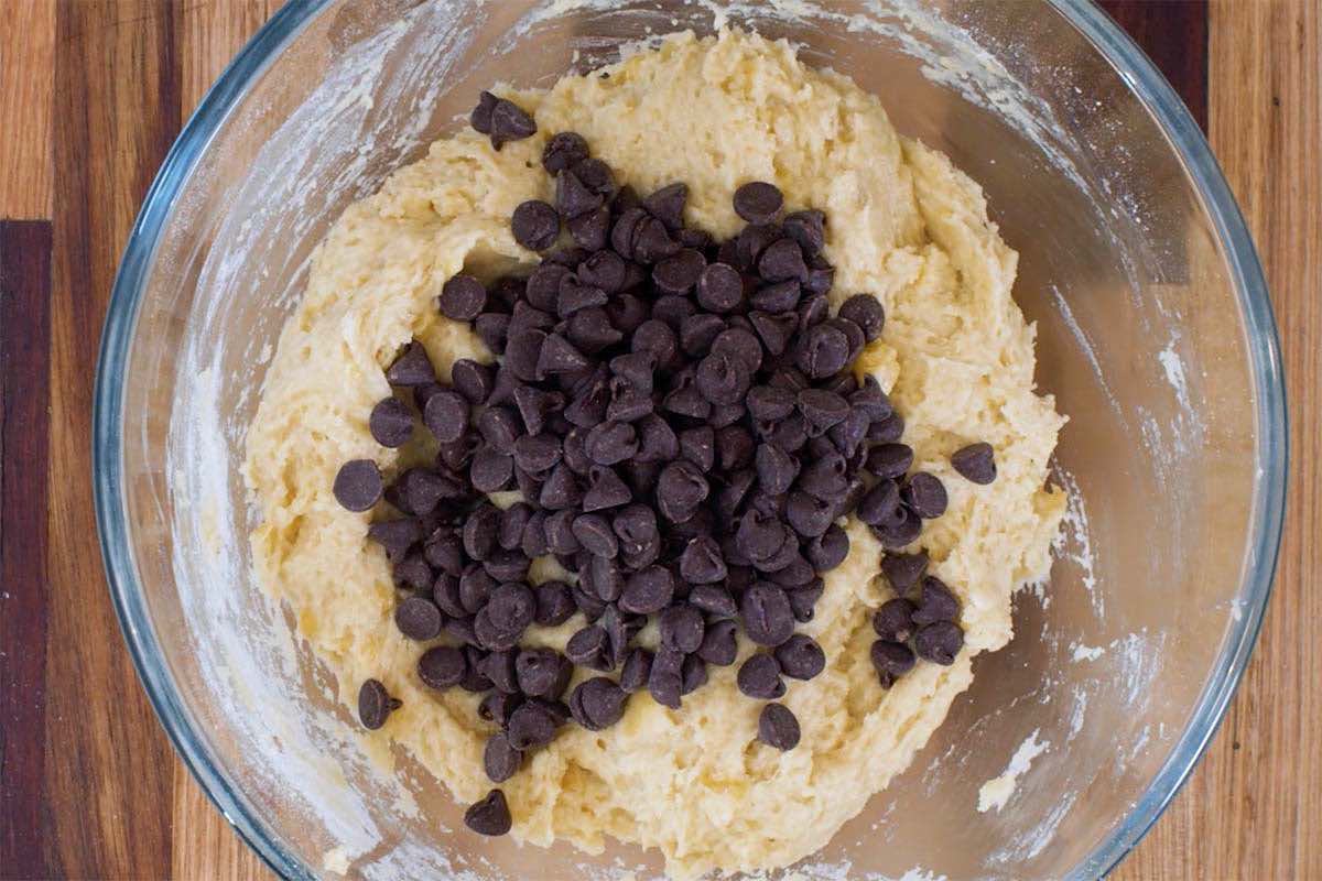 chocolate chips mixed into banana bread batter.
