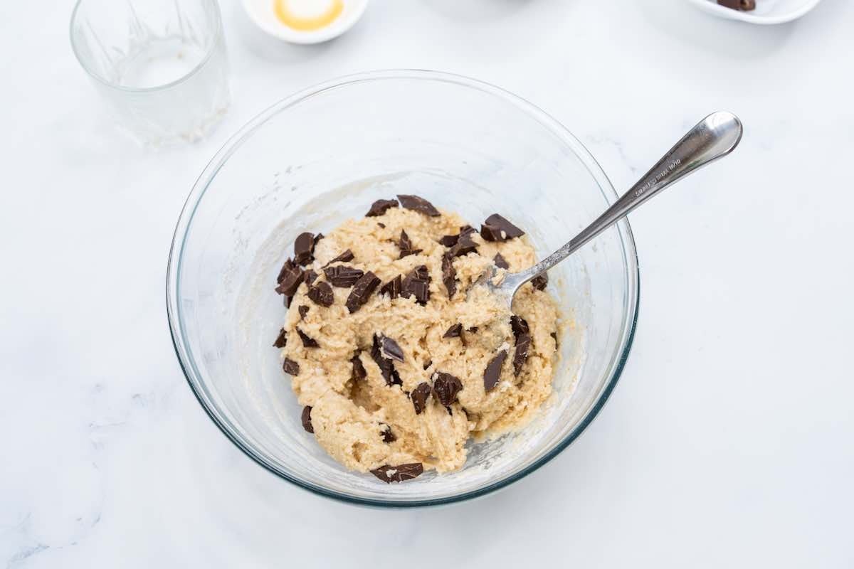 cookie dough in a mixing bowl.