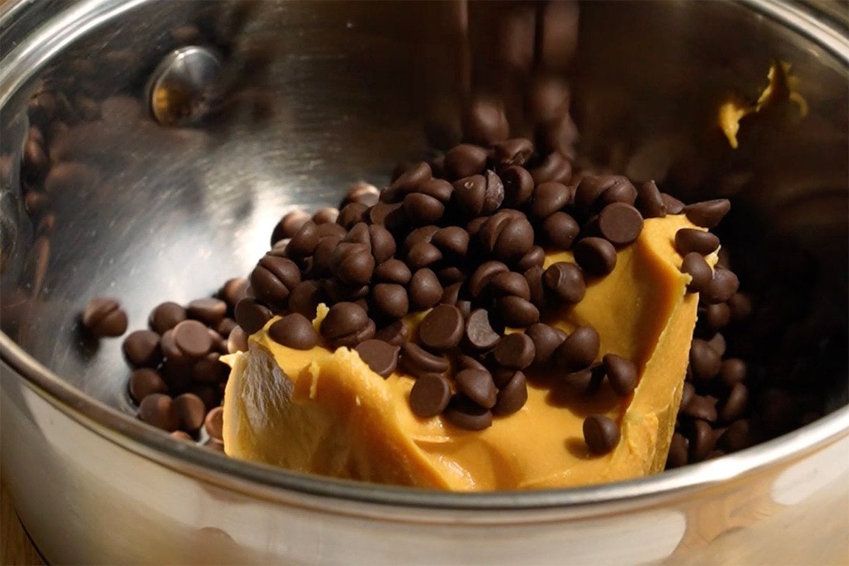 chocolate chips and peanut butter in a bowl.