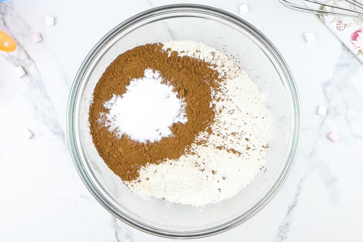 flour, sugar, cocoa powder, and salt in a bowl.