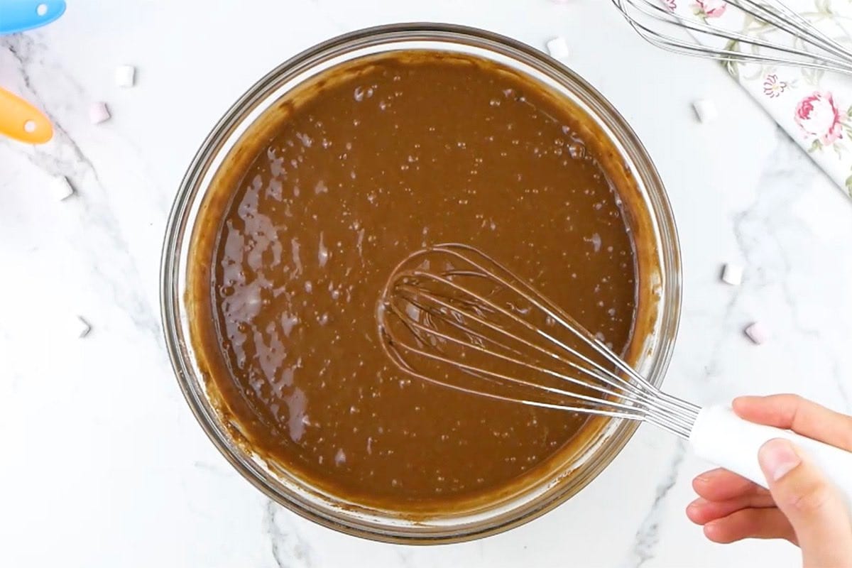 vegan chocolate cake batter in mixing bowl.
