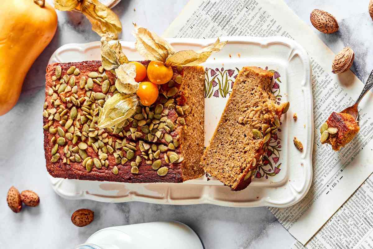 keto pumpkin bread sliced and served.