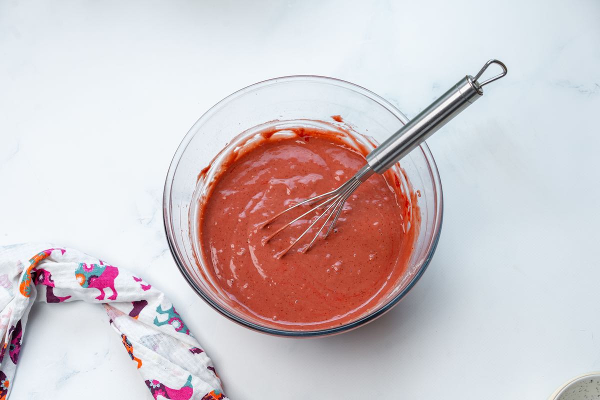 red velvet pancake batter in a bowl.