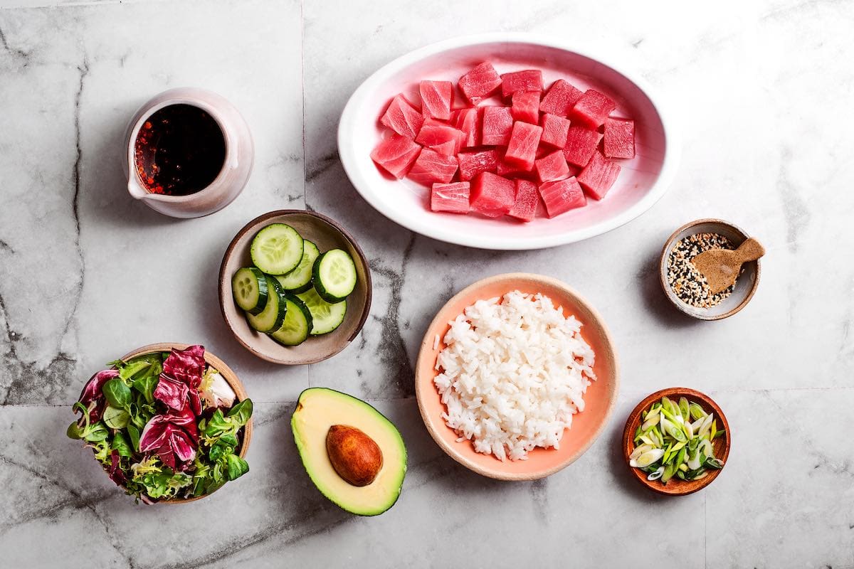 ingredients for tuna poke bowl.