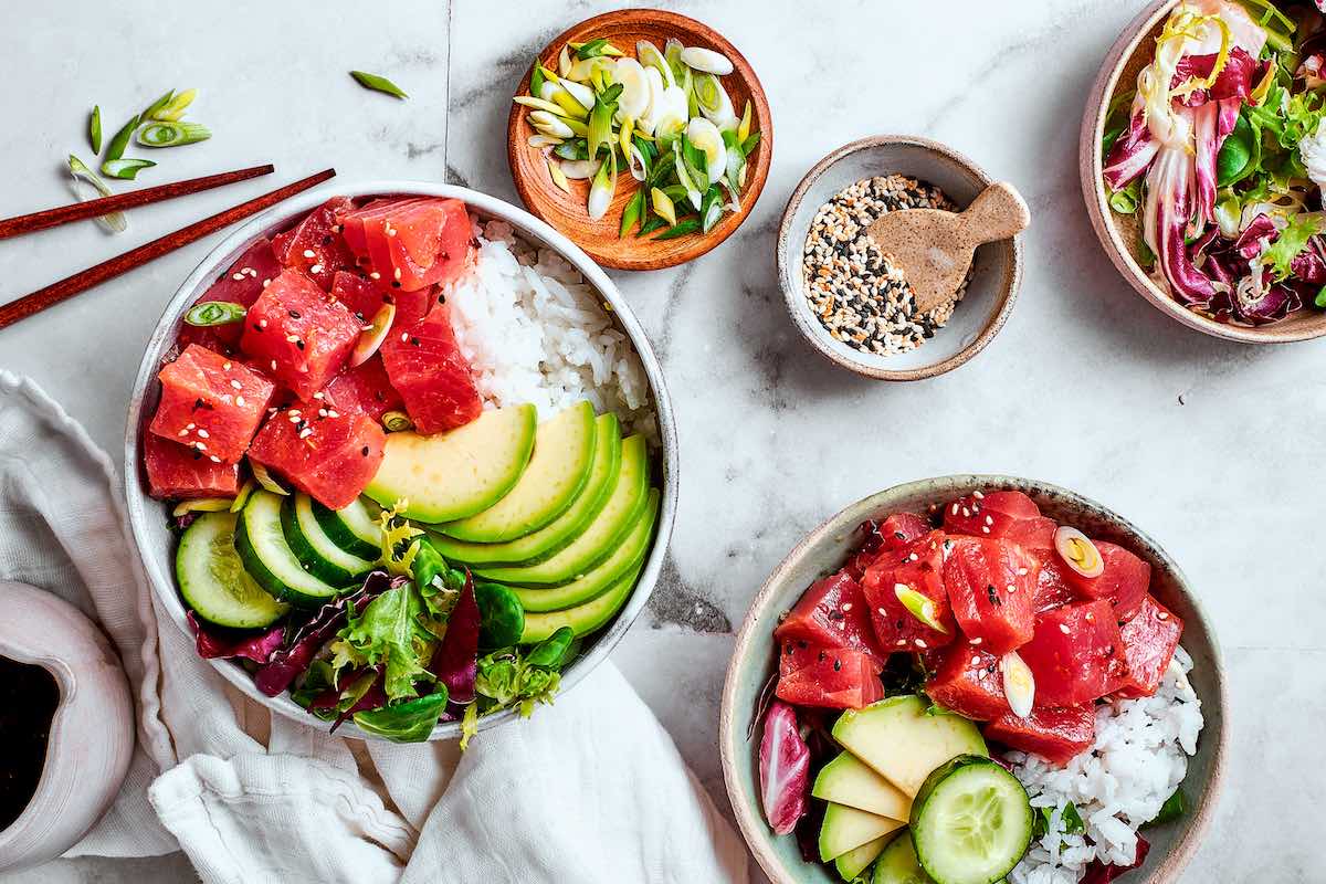 assembled tuna poke bowls.