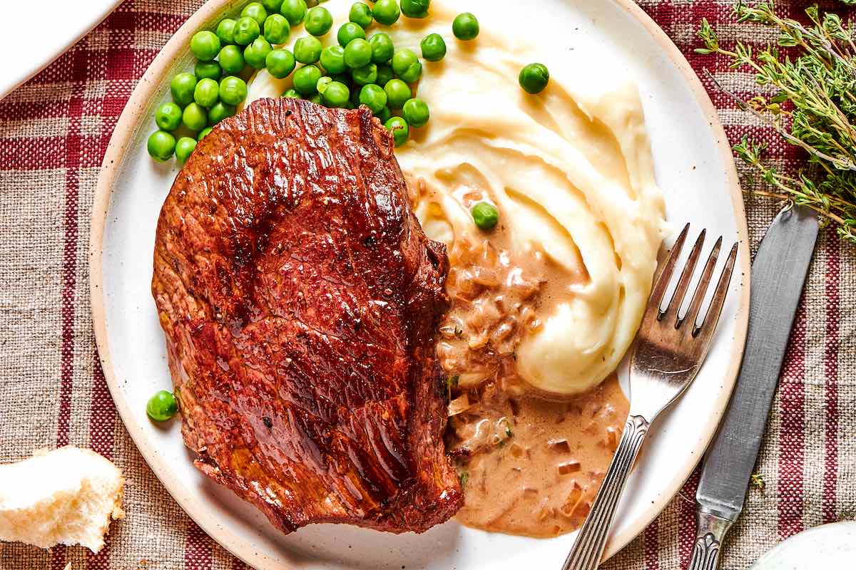 seared minute steaks with homemade gravy and mashed potatoes.
