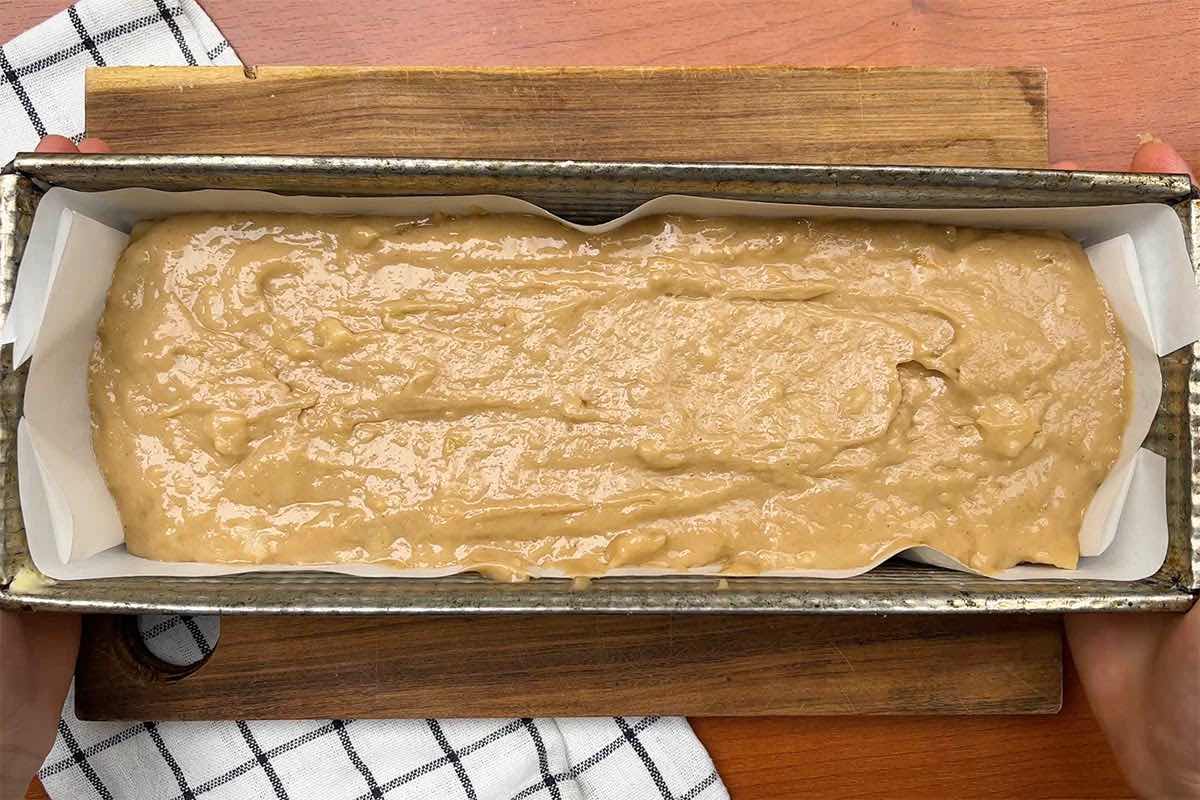 assembled bread batter in a loaf pan.
