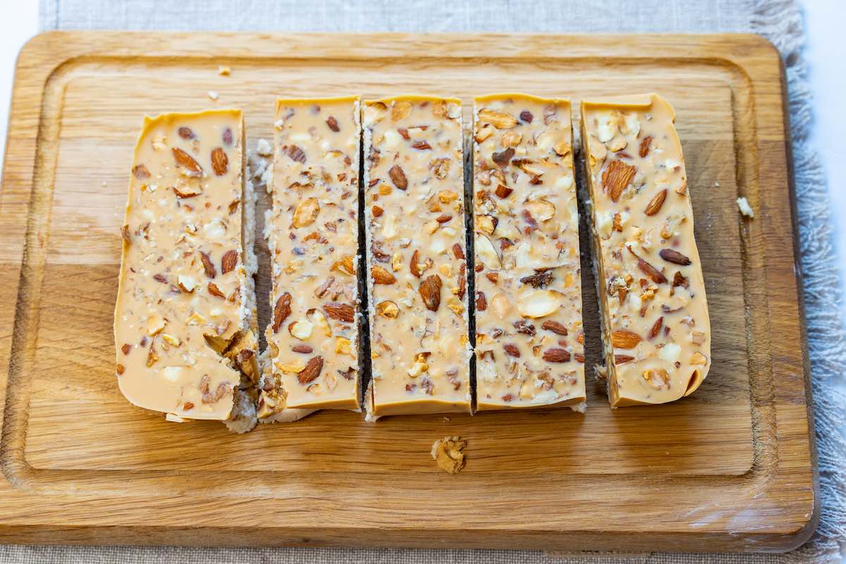 chopped bars on chopping board.