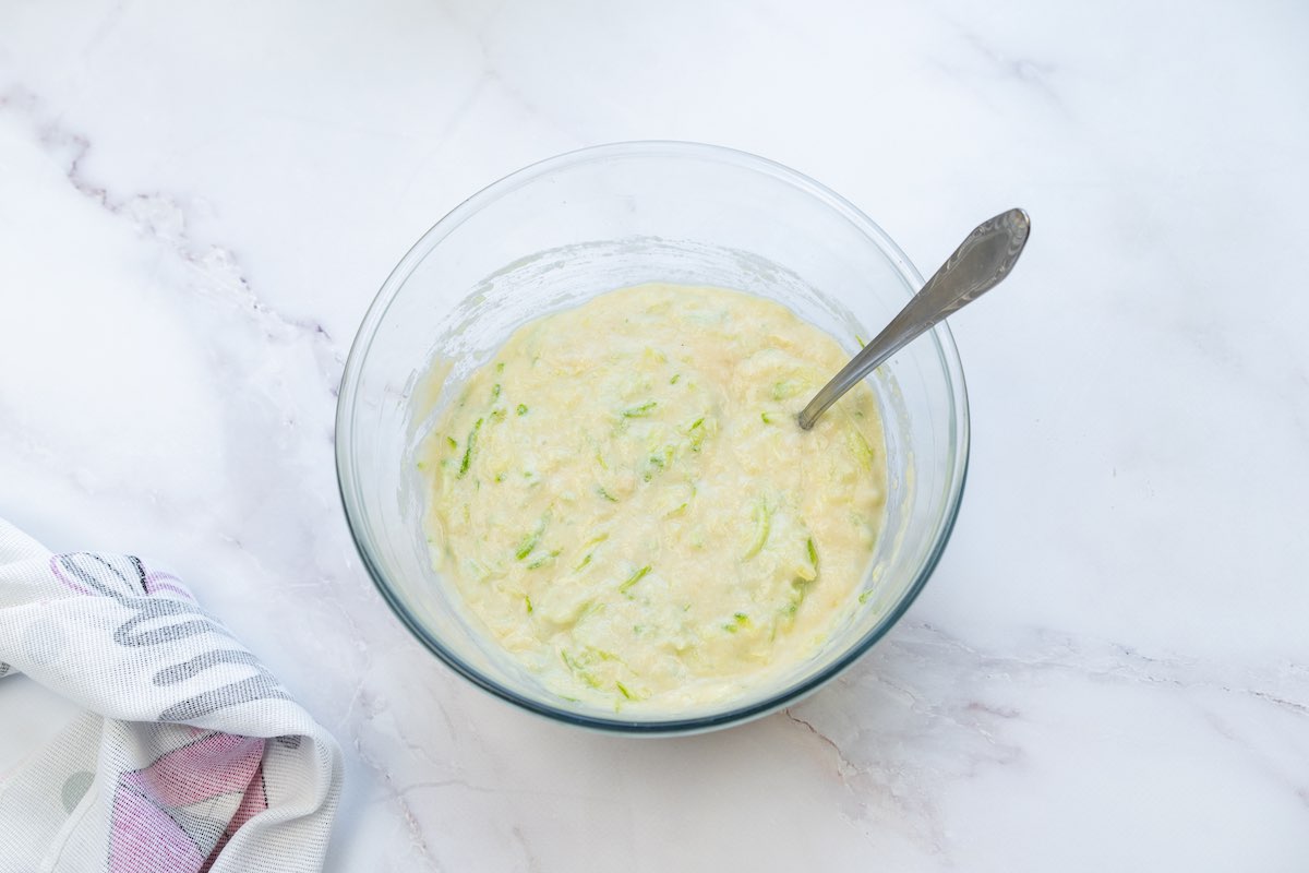 zucchini bread batter in bowl.