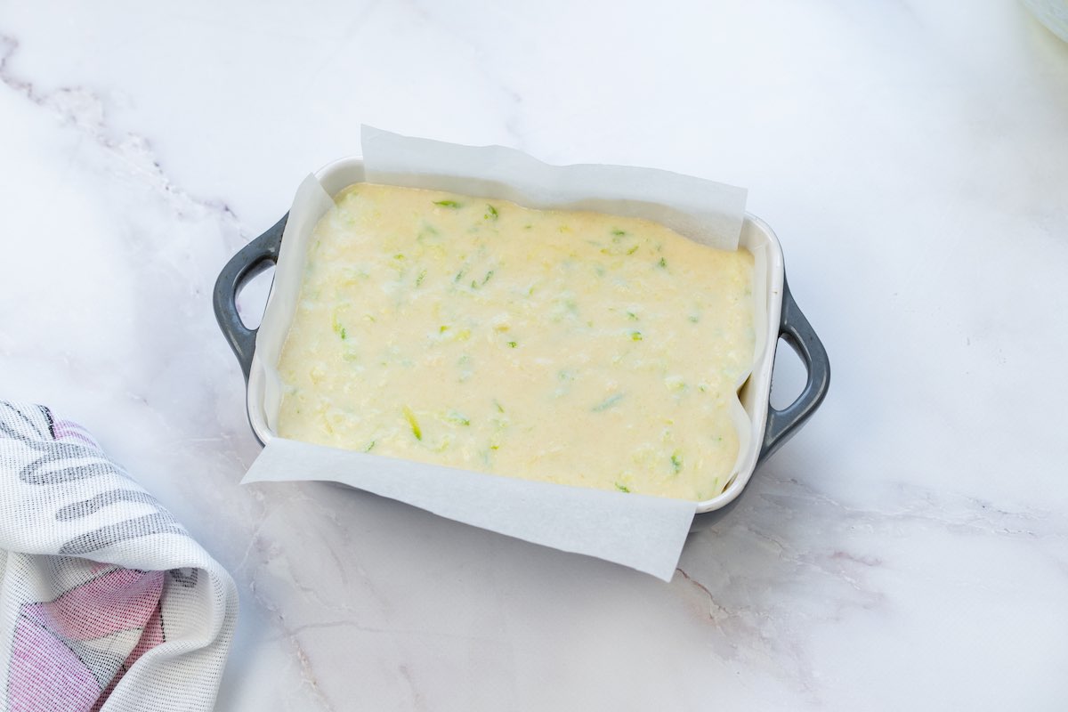 bread batter in baking dish.