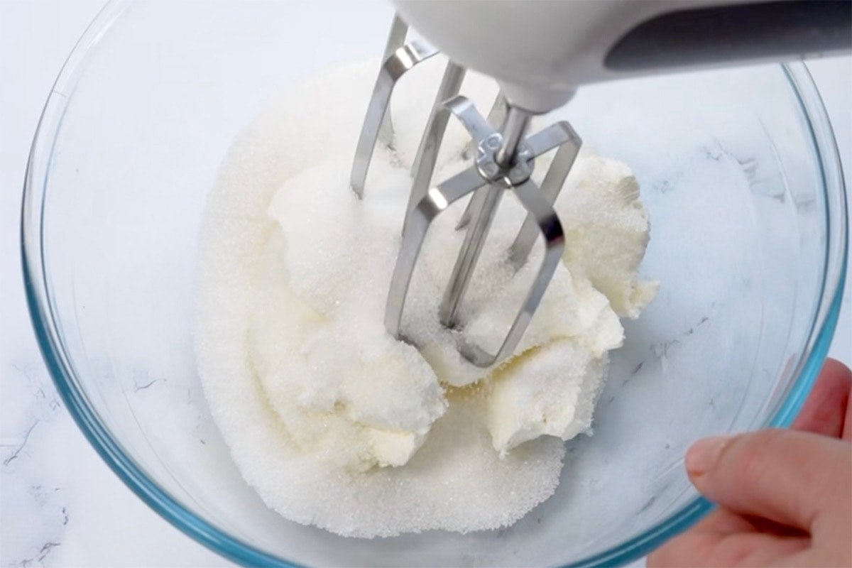 cream cheese, sugar, and vanilla whipped in mixing bowl.