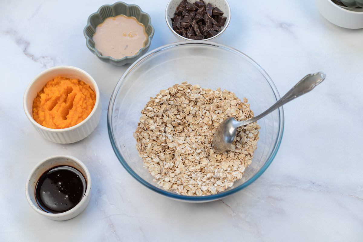 oats and flaxseed in a mixing bowl.