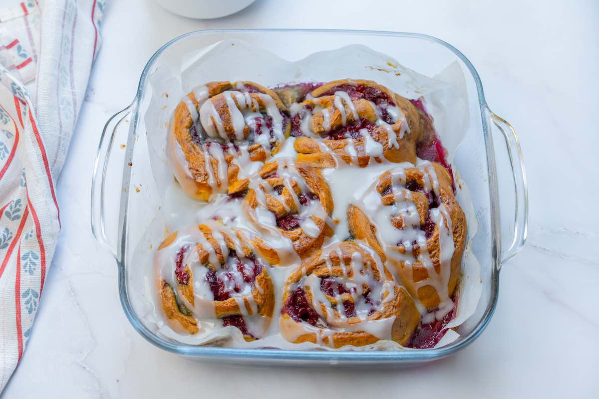 baked raspberry rolls with glaze.
