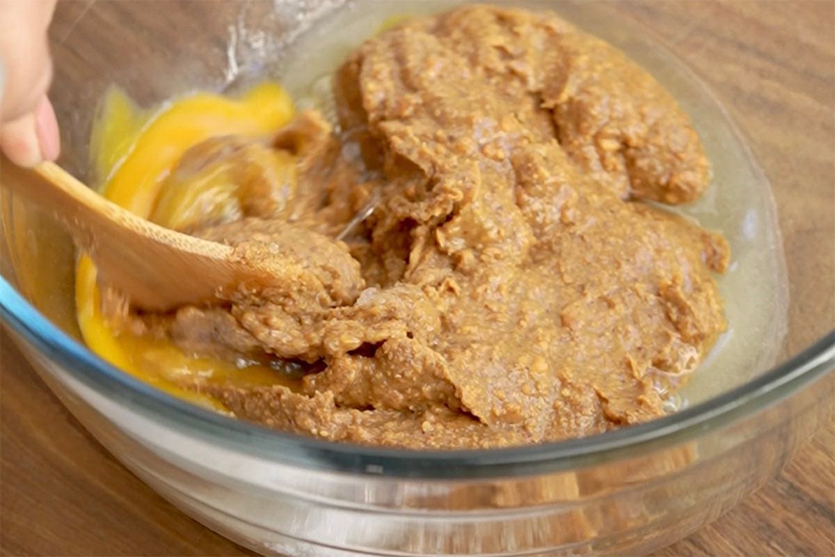 almond butter, eggs, and allulose in a bowl.