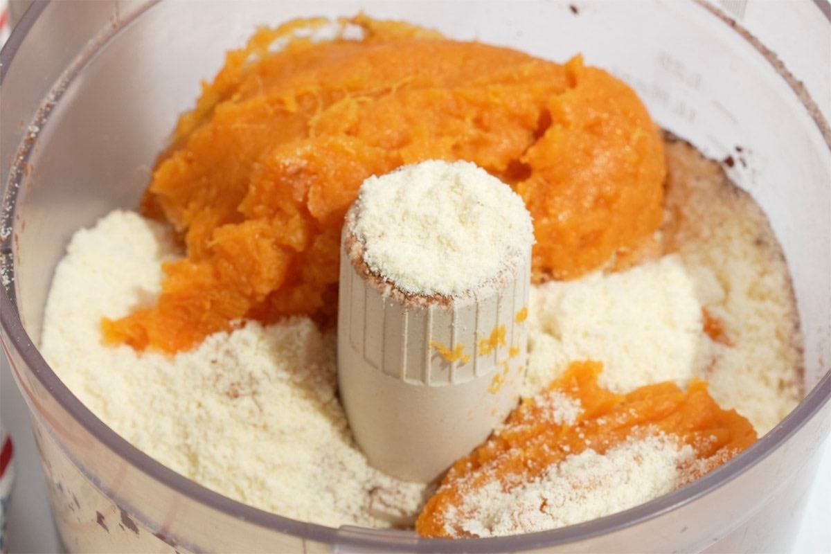 sweet potato cake ingredients in food processor.