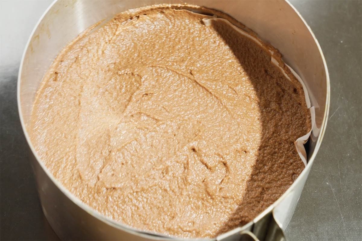 assembled cake batter in cake tin.