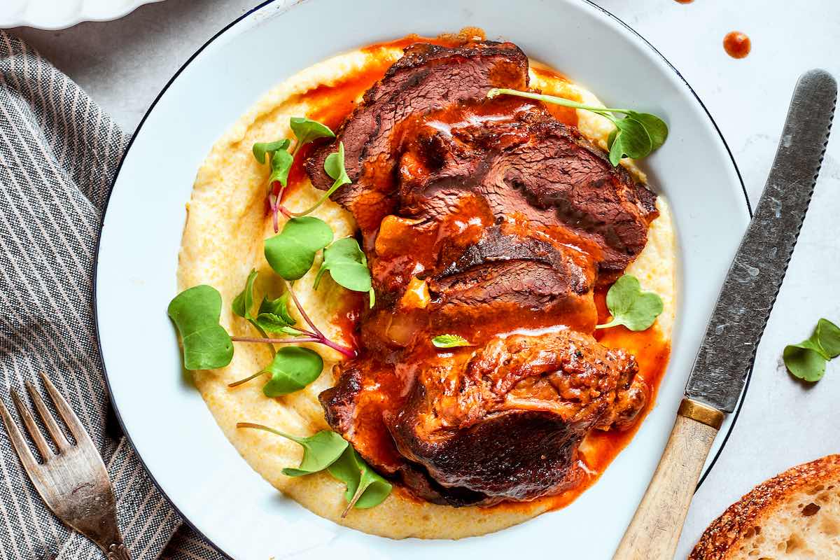 oven braised beef cheeks over mashed potatoes.