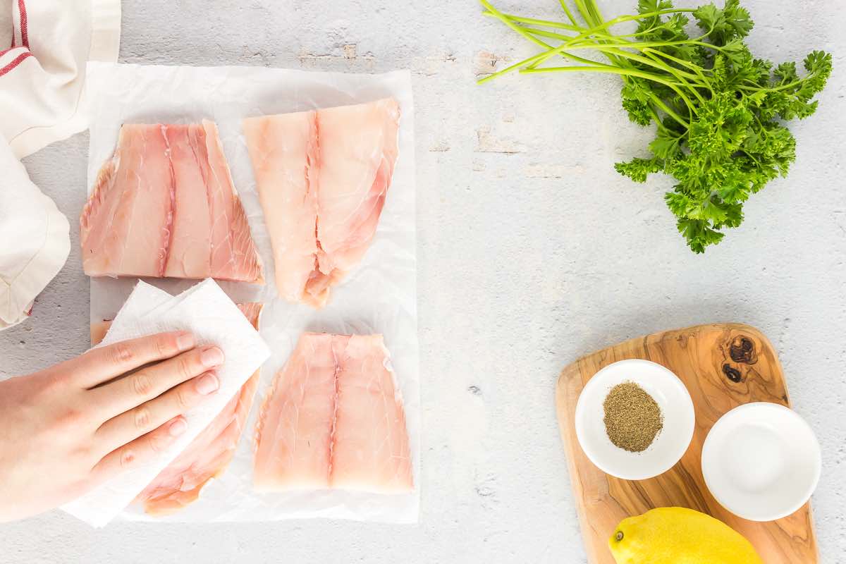 patting dry the raw red snapper fillets.