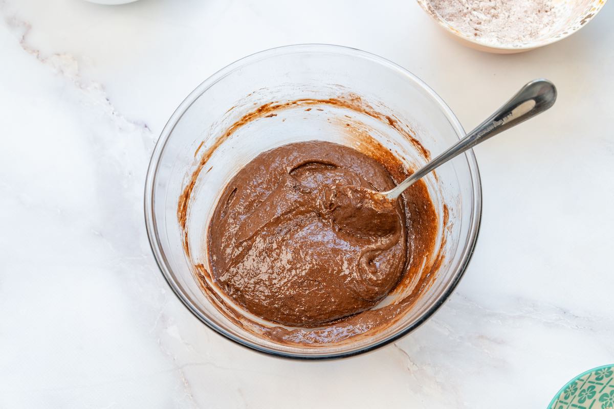 brownie batter in mixing bowl.