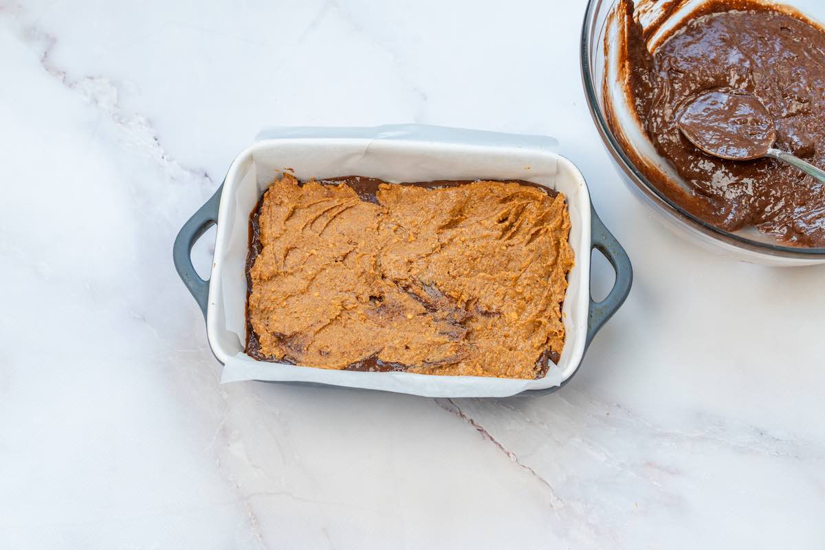 brownie batter with frozen biscoff layer on top.