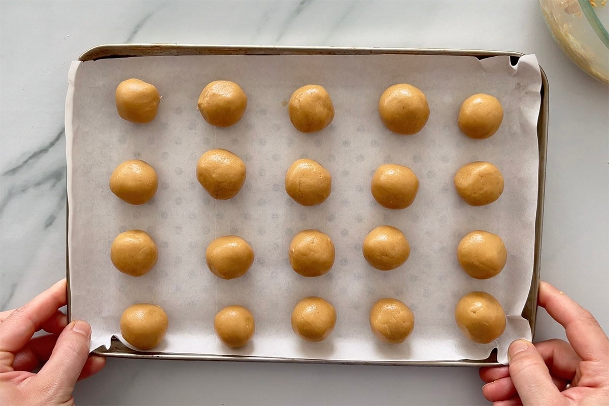 chilled balls of peanut butter mixture.