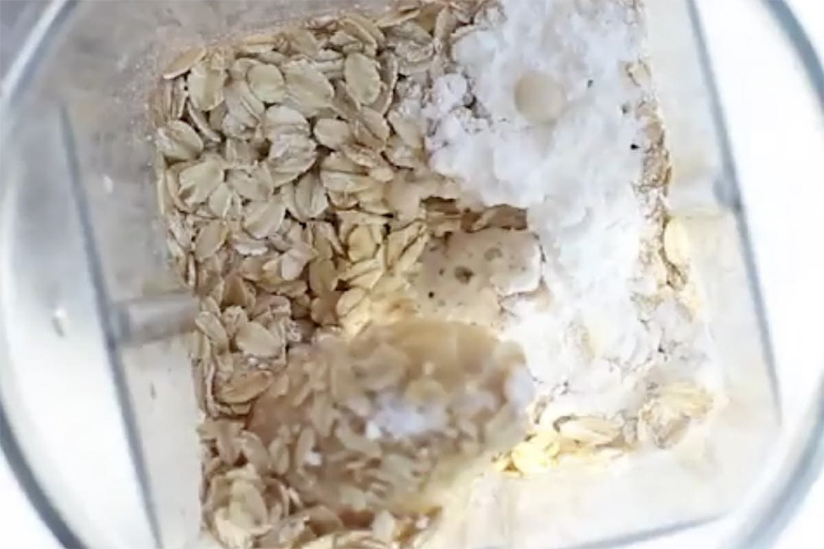 rolled oats, banana, milk, baking powder in a blender.
